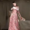 Abbigliamento etnico Donna Qipao Cheongsam Rosa senza spalline Abito da sposa da sposa Bling Paillettes Maglia da sera Festa da sogno Banchetto di lusso