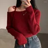 Damenpullover Weihnachten Rot Retro Unregelmäßiger Hals Schulterfrei Schnürung Slim Fit Langarm Schwarz Strickpullover Pull Femme Trägerlos