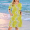 Robes décontractées 3D imprimé feuille plume manches courtes jupes swing mode élégante dames o-cou hauts simples plage robes d'été
