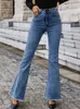 Benuynffy Button Fly Women Raw Hem Flare Dżinsy jesienne moda Kobieta dżinsowe spodnie Jean Femme wysoka talia Pełna długość Slim 240123