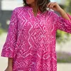 Freizeitkleider Damen Frühling Sommerkleid Dreiviertel-Hornärmel Farblich passender geometrischer Druck A-Linie Patchwork Lose Saum V-Ausschnitt Bohemian