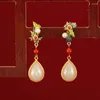 Dangle Earrings Chinoiserie Style Vintage Pearl An Jade Enamel Southern Red Water Drop For Women Party Cheongsam Girlfriend Gift