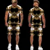 Fatos Masculinos Moda Masculina Sportswear T-shirt com Golden Creative Lion Head 3D Impressão Verão Oversized Beach 2 Peças Set Roupas Masculinas T240124