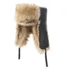 Berets Inverno Homens Real American Raccoon Fur Bomber Chapéu Ushanka Cap Trapper Homem Russo Chapéus de Esqui Caps Couro