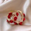 Fashion Red Rose Flower Hoop Earrings for Women Crystal Rhinestone Earrings Metal Wedding Jewelry Gifts