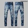 Designer jeans lila jeans män jeans mörkblå trendig tvättade nödställda högkvalitativa mäns byxor smala fit mäns staplade jeans lila märke jeans