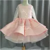 Robes de fille de fleur en stock filles formelles à manches longues en dentelle paillettes robe de princesse de mariage hôte anniversaire soirée arc enfants pour bridesm Dhtvf