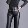 Pantalon élastique en cuir synthétique pour femme, Leggings taille haute, serré avec doublure en velours fin noir, modèle 2024