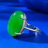 Anelli a grappolo Placcato in argento 925 intarsiato con alta giada verde e calcedonio, stile temperamento, grande faccia a uovo, anello in agata da 15, 20 mm