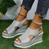 Sandales dames paillettes cuir mode couleur unie bout ouvert boucle talon compensé yoga pour femmes blanc chaussures femme Zapato