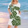 Robes décontractées 3D imprimé feuille plume manches courtes jupes swing mode élégante dames o-cou hauts simples plage robes d'été