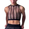 Herr t -skjortor mesh tank tops mens striptease kläder gay sexig transparenta ihåliga västar kamisol vår nya män fest mode skördetopp