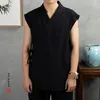 Men's Tank Tops T-shirt Men Hanfu Ancient Style Cotton Linen Vest Sleeveless Chinese Youth Solid Color Retro Drawstring Design V-neck Top