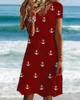 Casual Dresses Summer Dress 2024 Boat Anchor Print Slim Fit Short Sleeve V-Neck Pullover Knee Length