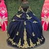 Marineblauwe Quinceanera Jurken Baljurk Voor 16 Weet Meisje Kralen Goud Applicaties Kant Met Trein Prinses Jurk Vestidos De 15 Anos