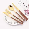 Camp Kitchen 4/12/16Pcs Silver Cutlery Set Chopsticks Knife Fork Spoon Imitation Wooden Handle Korean Dinnerware Set Luxury Tableware Set YQ240123