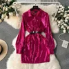 Casual Dresses Vestidos Women Turn-Down Collar Sequins Shinning Solid Color Dress for Belt Button Sleeve Spring Dropship