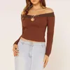 Women's T Shirts Fall Off Shoulder Crop Tops Tight Fitted Long Sleeve Strapless Fixed Belt Edge With Buckle T-shirt