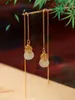 Boucles d'oreilles pendantes de style chinois vintage avec dorure en argent 925 et sac en soie de gourde de jade pour femme - Bijoux de fête Hanfu Cheongsam