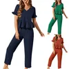 Gym Clothing Women's Solid Color Fashionable Casual Cotton And Linen Short Sleeved Long Tartan Suit Women Apparatus Jumpsuit Pants Set