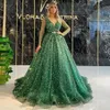 Lüks 2024 Kadın Yeşil Balo Partisi Elbise Uzun Kollu Derin V-Yok Pullar Tül Akşam resmi Gala Elbise Doğum Giyim Robe De Soiree Özelleştir