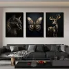 Pinturas Black Gold Eagle Lion Canvas Pintura Metal Poster Arte Nordic Cervos Tigre Lobo Cisne Estética Imagem para Sala de estar Decoração