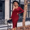 Casual Dresses Elastic Midi Dress Chic Versatile Women's With Lace-up V-neck Split Hem For Spring Fall Seasons Slim Fit