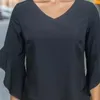 Blouses Femmes Chemise à col en V Femmes Printemps Été Top Irrégulier Manches Trois Quarts Couleur Solide Doux Pull Respirant Dame T-shirt
