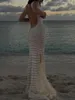 Vestidos casuais crochê malha vestido longo mulheres praia túnica backless oco out cover ups sem mangas transparente beachwear