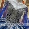 Blå quinceanera kungliga klänningar katedral tåg prom examen klänningar med kappa snörning prinsessan pärlast söt 15 16 klädrock