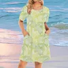 Robes décontractées 3D imprimé feuille plume manches courtes jupes swing mode élégante dames o-cou hauts simples plage robes d'été