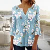 Mulheres camisetas Verão V-Pescoço Camisa Mulheres Floral Impressão Tee Trendy Y2K Roupas Plissadas Sexy Botão Down Casual Túnica Tops