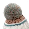 Basker mosaikfärg stickning förtjockning hålla varma kvinnor pompom hatt höst vinter plysch päls boll unisex stickad mössa