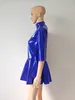Синяя блестящая металлическая плиссированная юбка, женское танцевальное платье с короткими рукавами и молнией сзади, вечерние Клубная одежда, костюм для танцев на пилоне