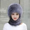 Kadınlar sıcak gerçek tilki kürk şapka +eşarp seti örme elastik kapak bere yaka şal