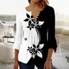 Mulheres camisetas Verão V-Pescoço Camisa Mulheres Floral Impressão Tee Trendy Y2K Roupas Plissadas Sexy Botão Down Casual Túnica Tops