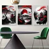 Resimler 3pcs Çerçevesiz Japon Doğal Manzara Tuval Boyama Siyah ve Kırmızı Posterler Vintage Mürekkep Sanat Duvar Baskıları Oturma Odası Evi
