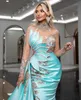 Glamorous göl mavi gece elbise yüksek illüzyon uzun kollu balo elbisesi rhinestones yan bölünmüş parti elbiseler özel yapılmış artı boyut