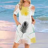 Robes décontractées 3D imprimé feuille plume manches courtes jupes swing mode élégante dames o-cou hauts simples plage robes d'été