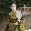 Roupas étnicas Verde Bambu Qipao Estilo Chinês Vestidos Mulheres Elegantes Cheongsam Inverno Quente Veludo Vestidos Tradição Mandarim Collar Dress