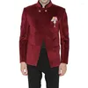 Men's Suits Stand Collar Designer Men Jacket Pant Set Man Burgundy Partywear Ethnic Maroon Velvet Casual Tuxedos