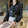 Women's Blouses Autumn Lolita Style Printed Long Sleeve Shirt Fashion Thin Satin Girl's Top Star Sky Pattern Lantern