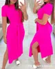 Sıradan Elbiseler 2024 Yaz Kadınların Düz Renkli Parti Elbise Kısa Kollu Bel Kravat Seksi yan bölünmüş paket kalça sıkı orta uzunlukta