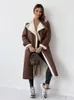 Mulheres dupla face pele de couro jaqueta longa lapela bolso com cinto lambswool casaco feminino outono inverno manga longa casaco quente
