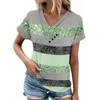 Blusas femininas verão camisa com decote em v botão decoração brilhante lantejoulas colorblock manga curta solta pulôver macio respirável camisas topo