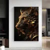 Schilderijen Zwart en Goud Leeuw Tijger Portret Canvas Schilderij Metaal Dier Poster Prints Wall Art Esthetische Foto voor Home Office Decor