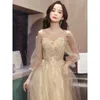 Casual Dresses YOSIMI-Women's Beige Sequin Embroidery Mesh Dress Long Sleeve Full Length A-line Ball Gown Party Night Summer