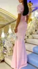 Elegant rosa kvällsfest klänning kvadrathals korta ärmar satin golvlängd korsett snörning bakåt prom formella klänningar för kvinnor mantel de soiree