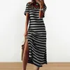 Casual Dresses Striped Dress Lightweight Elegant V Neck Summer Midi med Side Split Slim Fit Women's Office Lady Print