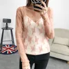 Damesblouses 2024 Lente Zomer Dames Lange mouw Basic Ruches Shirt Elegant Elastisch Slank Borduren Kant Bloem Mesh Gaas Chique Blouse